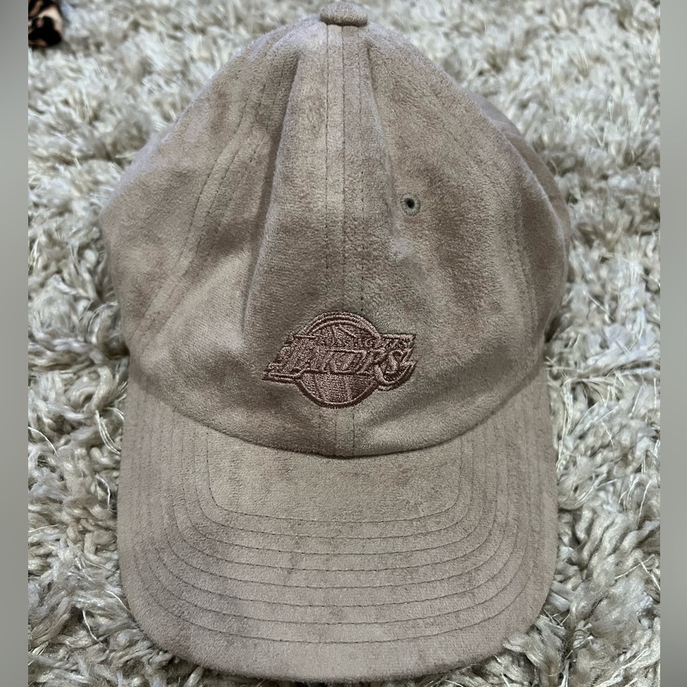 LA Lakers Micro Suede Slouch Dad Cap Mitchell & Ness Taupe Strapback Cap